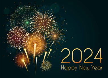 2024 yılının karanlık gökyüzü hakkında gerçekçi, parlak havai fişek arka planı