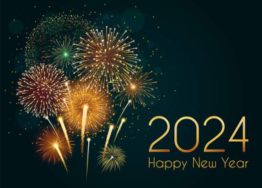 Realistic shiny fireworks background on dark sky for New Year 2024 clipart