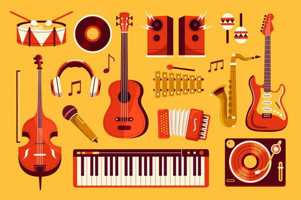 Colección Original Música Dibujada Mano Con Instrumento Musical Sobre Fondo — Vector de stock