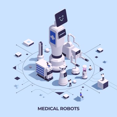 İzometrik görünümde tıbbi robotlar çizimi
