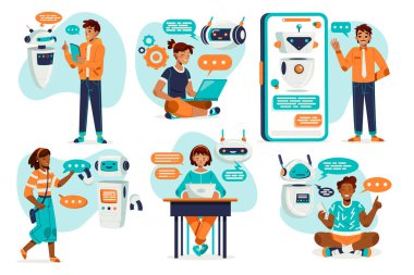 Flat conversational ai chatbot mini illustration set clipart