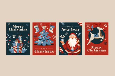 Set of four christmas greeting card template. Hand drawn cartoon Santa Claus, deer, christmas tree and presents clipart