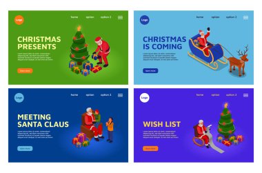 İniş sayfası şablonu. Noel Baba 'nın Noel çizimi ve hediyeleri