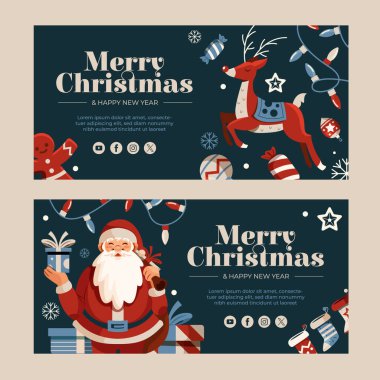 Mutlu Noeller ve mutlu yıllar yatay afiş şablonu. Noel Baba, geyik ve Noel süslerinin karikatür çizimi