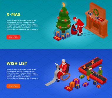 İki yatay bayraklı şablon. Noel Baba 'nın Noel çizimi ve hediyeleri