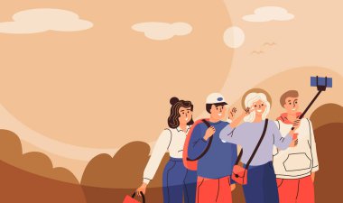 Parkta fotoğraf çeken arkadaş grubunun el çizimi arkaplanı