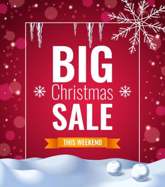 Gerçekçi kış indirimi reklam kompozisyon şablonu. Kırmızı arka planda karlı bir manzara.