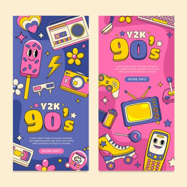 Renkli retro-temalı illüstrasyon. İçinde 90 'lar ve Y2K eşyalar var. Kaset çalar, patenler, klasik bir televizyon ve cep telefonu gibi. Tasarım pembe ve mor arkaplanlı canlı..