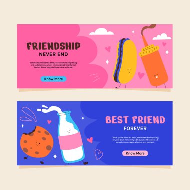 Two colorful banners featuring cute food characters symbolizing friendship. The first banner shows a hot dog and mustard bottle with smiling faces, while the second banner depicts a milk bottle and cookie, both with happy expressions. clipart