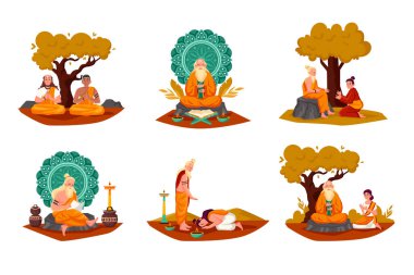 Çeşitli ortamlarda manevi öğretmenlerin ve öğrencilerin resimleri, meditasyon, öğretim ve rehberlik sahneleri ağaçların altında ve dekoratif arka planlarda yer alıyor..