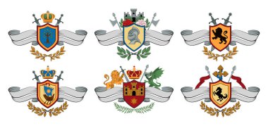 Her biri kurdele ve defne yaprakları gibi dekoratif unsurlara sahip aslanlar, ağaçlar ve kaleler gibi kalkanlar, taçlar, kılıçlar ve çeşitli sembollerden oluşan altı hanedan ambleminden oluşan bir koleksiyon..