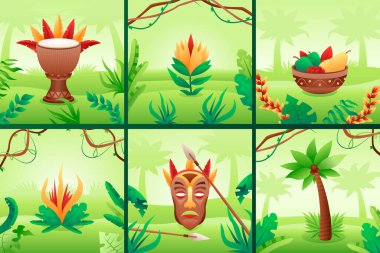 A set of six tropical-themed illustrations featuring a drum, a tropical flower, a bowl of fruit, a fire, a tribal mask with a spear, and a palm tree, all set against a jungle background. clipart