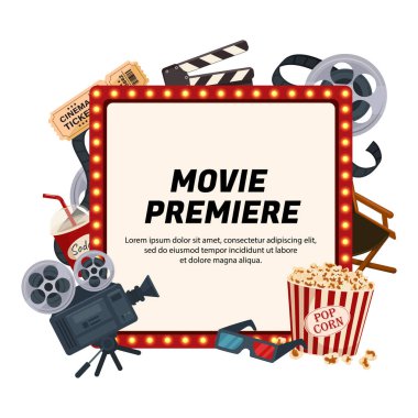Film makaraları, kamera, patlamış mısır, üç boyutlu gözlük, sinema biletleri ve bir soda içeren renkli bir film prömiyeri. Merkez metin için boş.