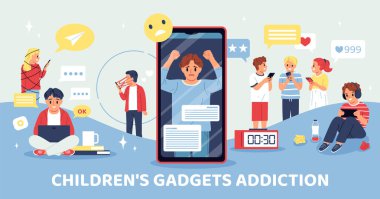 Çocukların cihazlara olan bağımlılığını gösteren bir resim, akıllı telefonlar, tabletler ve dizüstü bilgisayarlar kullanan çocuklar. Merkezi bir figür dijital bağımlılığı sembolize eden bir akıllı telefon ekranının içinde kapana kısıldı..