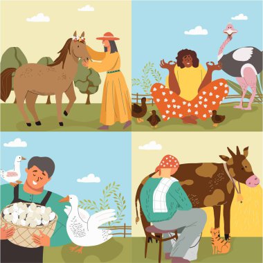 A collage of four farm scenes: a woman with a horse, a person meditating with an ostrich, a man holding a basket of eggs with geese, and a person milking a cow. clipart