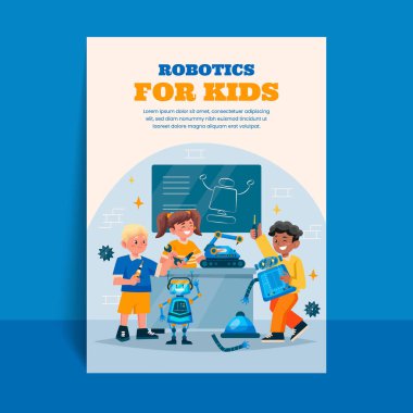 Üç çocuğun robotlarla etkileşime girdiği bir çocuk robot atölyesi için renkli bir poster. Arkaplanda robot çizimleri ve olayı destekleyen metin içeren bir yazı tahtası yer alıyor.