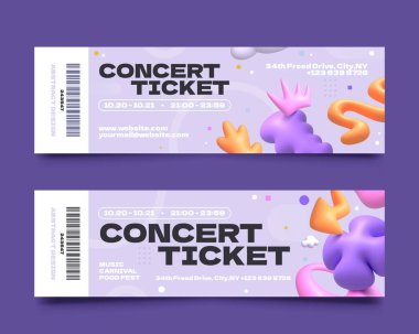 Soyut üç boyutlu şekiller ve metin detaylarıyla renkli konser bileti tasarımı.