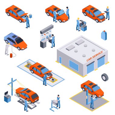 Araba tamiri, bakım ve teşhis gibi çeşitli aktiviteleri olan bir araba servis merkezinin Isometric çizimi. Araçlar, ekipmanlar ve bir hizmet binası üzerinde çalışan mekanikleri içerir.