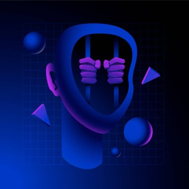 İçinde parmaklıklar olan, koyu arkaplanda geometrik şekillerle çevrili bir kafanın soyut çizimi.