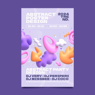 Colorful abstract poster design featuring 3D shapes and text for a 2024 trend party. Includes event details and DJ names on a purple background. clipart