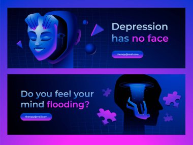 Two digital banners addressing mental health awareness. The first banner shows a mask with a smiling face and the text 'Depression has no face.' The second banner features a silhouette of a head with water pouring out, accompanied by the text 'Do you clipart