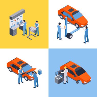 Bir atölyede teşhis, kaldırma, motor kontrolü ve tekerlek hizalaması da dahil olmak üzere araba bakım ve onarım faaliyetlerinin Isometric illüstrasyonu.