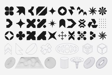 Soyut geometrik şekillerin ve kalıpların, katı siyah şekiller ve ışık arkaplan üzerinde sıralanmış üç boyutlu kablo biçimlerinin bir derlemesi.