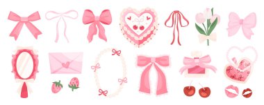 Fiyonklar, kalpler, çiçekler, çilekler, kirazlar ve zarflar dahil pembe temalı dekoratif öğeler koleksiyonu.