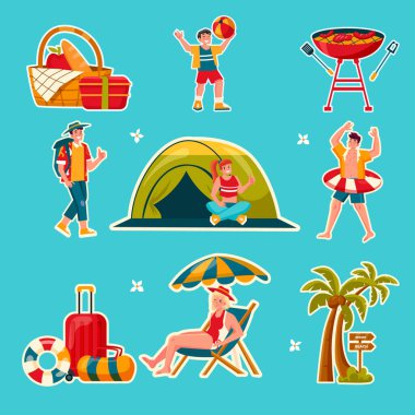 Kamp, plaj ve barbekü de dahil olmak üzere yaz etkinliklerinin resmi.