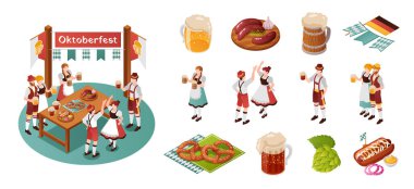 Geleneksel Bavyera kıyafetleri, bira bardakları, krakerler, sosisler ve Alman bayraklarıyla Oktoberfest 'in Isometric çizimi.