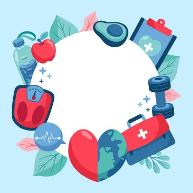 Su şişesi, elma, avokado, ilk yardım çantası, dambıl ve kalp sembolü gibi simgelerle çevrili dairesel bir çerçevenin yer aldığı sağlık ve sağlık temalı bir illüstrasyon..