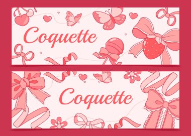 'Coquette' sözcüğünün yer aldığı iki pembe temalı afiş. Fiyonklar, kurdeleler, kelebekler ve kalpler..