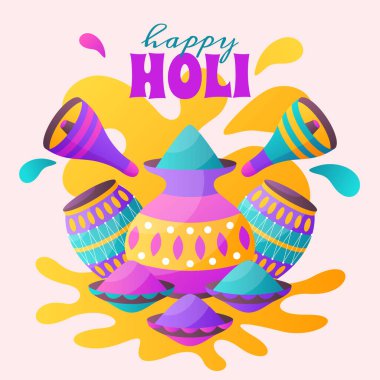 Holi 'yi geleneksel Hint müzik enstrümanları, tencereleri ve canlı renklerle kutlayan renkli bir resim..
