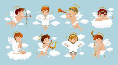 Illustration of eight cute cherubs with wings and halos, each engaged in different activities like playing instruments, sleeping, and shooting arrows, set against a blue sky with clouds. clipart