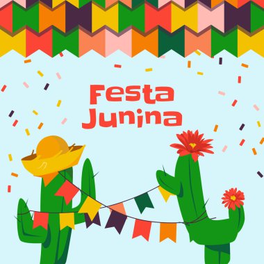 Festa Junina için renkli bayraklar ve konfetiyle süslenmiş iki kaktüsün resmi..