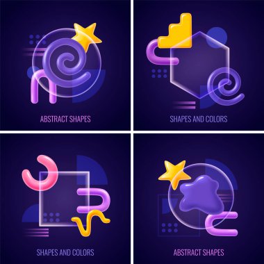 A collection of abstract shapes in vibrant colors, featuring swirls, stars, and geometric forms on a dark background. clipart