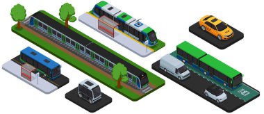 Bir tramvay, otobüs, taksi ve dağıtım minibüsleri de dahil olmak üzere çeşitli taşıma şekillerinin yer aldığı izometrik bir illüstrasyon, ağaçlar ve karayolları ile biçimlendirilmiş kentsel bir çevrede geçiyor..