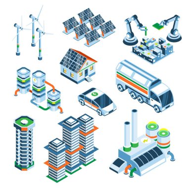 Yenilenebilir enerji ve akıllı teknolojiyi tasvir eden bir çizim koleksiyonu. Rüzgar türbinleri, güneş panelleri, robotik kollar, elektrikli araçlar ve modern binalar içerir.