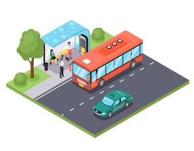 Otobüs durağı sahnesinin izometrik bir çizimi. Yeşil bir taksi geçerken durakta yolcuların bindiği kırmızı bir otobüs park edilir. Ortam ağaçlar ve kaldırım içeriyor..