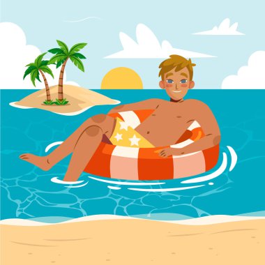 Okyanusta renkli şişme bir yüzük üzerinde yüzen neşeli bir çocuk..