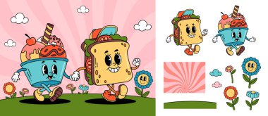 Neşeli bir dondurma kasesi ve gülümseyen bir sandviç karakterinin yer aldığı renkli bir karikatür çizimi. Her ikisi de canlı bir manzarada çiçekler ve bulutlarla birlikte koşuyor..