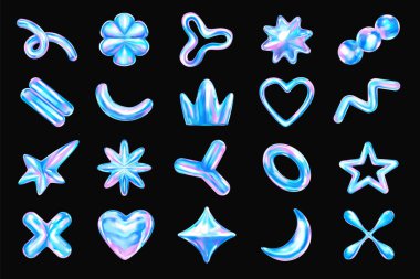 Siyah arkaplanda renkli, parlak, soyut şekiller koleksiyonu. Şekiller arasında yıldızlar, kalpler, çiçekler ve diğer eğlenceli tasarımlar yer alıyor, hepsi parlak, yanardöner bir son içeriyor..