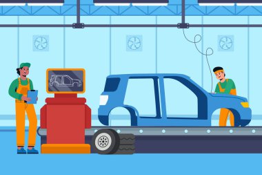 An animated scene in a car manufacturing facility showing two workers. One is inspecting a vehicle body on a conveyor belt, while the other is operating machinery. clipart