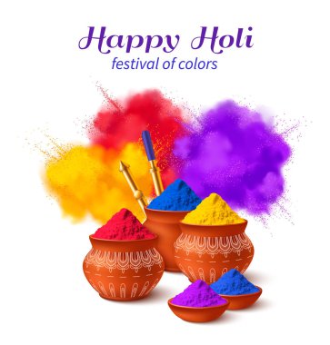 Holi 'yi kutlayan kil kaplarda renkli tozlar, renk festivali. Parlak kırmızı, sarı, mavi ve mor tozlar neşeli elementlerle sergilenir..