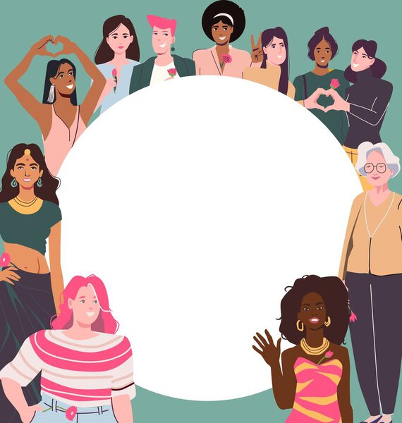 Красочная иллюстрация с участием различных женщин разных национальностей и стилей, демонстрирующая единство и расширение прав и возможностей.
