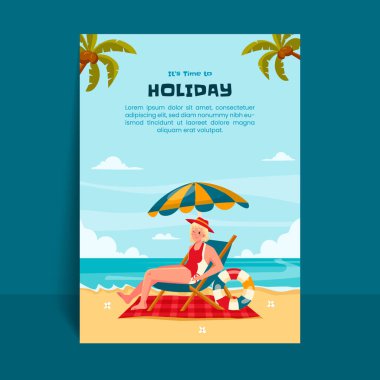Sahilde şemsiyenin altında dinlenen bir kadın tasviri. Arka planda palmiye ağaçları ve okyanus var. 'Tatil Zamanı' metni yukarıda gösterilmiştir.
