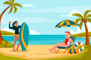 Bir plaj sahnesinde bir sörfçü ve şemsiyenin altında dinlenen bir kadın..