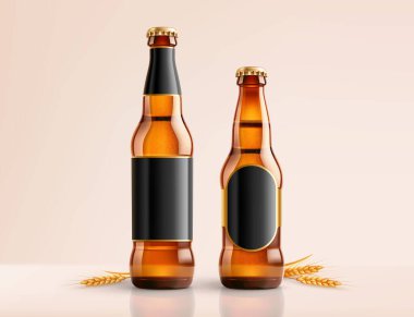 Two brown beer bottles with blank labels, standing upright on a reflective surface, with wheat stalks beside them, against a beige background. clipart