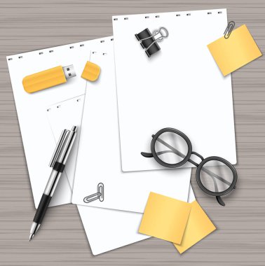 Office supplies including blank papers, a pen, USB drive, binder clip, paper clips, sticky notes, and glasses on a wooden desk. clipart