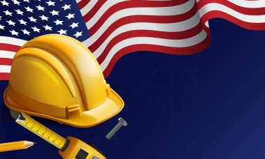 A yellow construction helmet, tape measure, and bolt on a blue background with the American flag. clipart